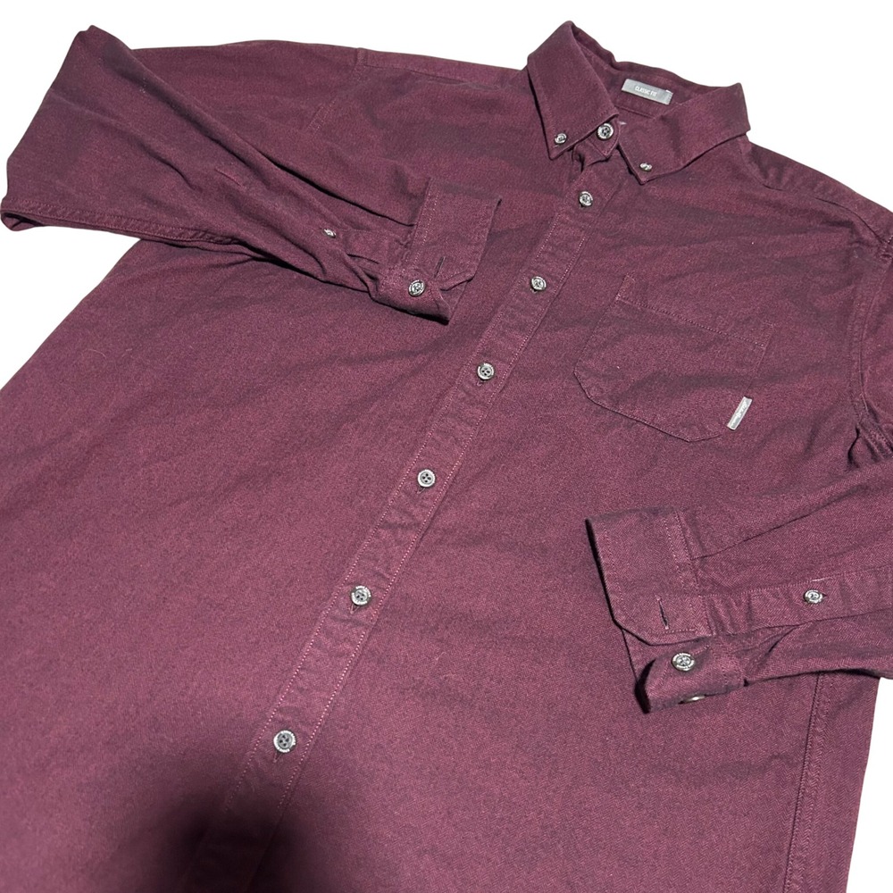 Eddie Bauer Button Down Mens L Burgundy Herringbone Classic Fit Long Sleeve